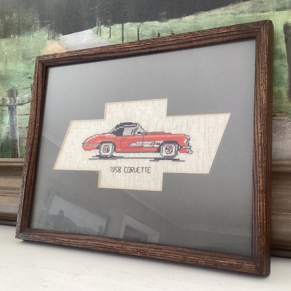 Hand Stitched Corvette Stingray Cross Stitch W/Frame 12”x15” Vintage Sports Car - Picture 7 of 10